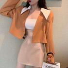 Long-sleeve Color Block Blazer / High-waist Plain Skirt