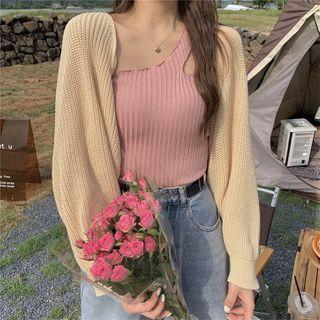 Cut-out Plain Tank Top / Puff-sleeve Knit Cardigan