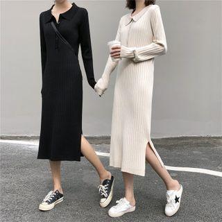 Collared Midi Sheath Rib Knit Dress