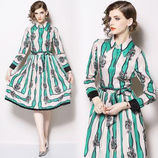 Long-sleeve Print Midi A-line Shirtdress