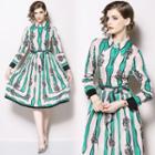 Long-sleeve Print Midi A-line Shirtdress