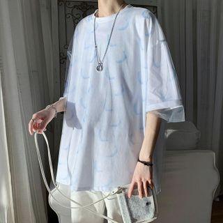 Short-sleeve Mesh Panel Layered Print Top