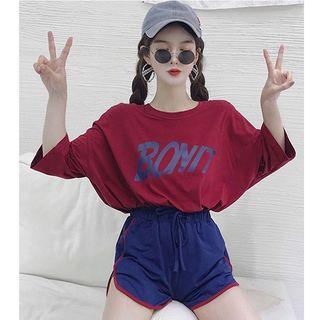 Lettering Elbow-sleeve T-shirt / Piped Sweatshorts