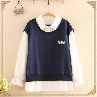 Inset Long-sleeve Shirt Cat Print Vest Navy Blue - One Size