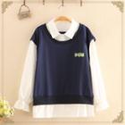 Inset Long-sleeve Shirt Cat Print Vest Navy Blue - One Size