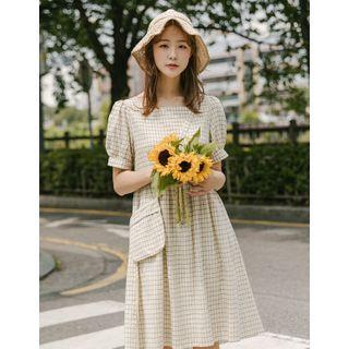 Puff-sleeve Plaid Dress With Crossbody Bag