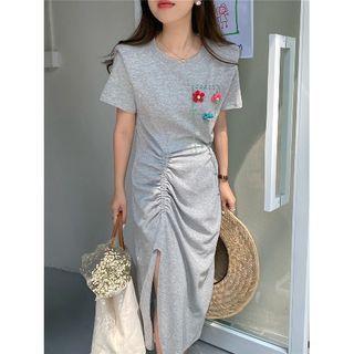Short-sleeve Slit Midi T-shirt Dress Gray - One Size
