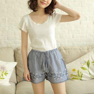 Flower Embroidered Drawstring Lounge Shorts