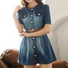 Lace Panel Short-sleeve Denim Dress