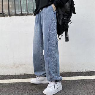 Paisley Print Panel Drawstring-cuff Wide-leg Jeans