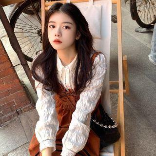 Frill Trim Corduroy A-line Overall Dress / Lace Blouse