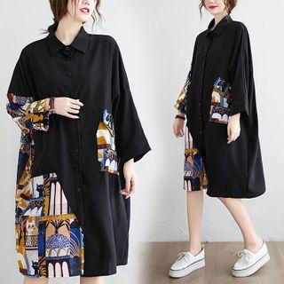 Long-sleeve Printed Midi A-line Shirt Dress Black - One Size