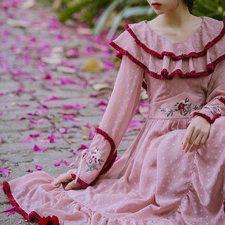 Flower Embroidered Dotted Long-sleeve Midi A-line Dress