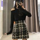 Halted-neck Cold-shoulder Sweater / Patterned A-line Skirt