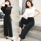 Set: Elbow-sleeve Asymmetric Blouse + Wide-leg Pants