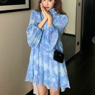 Balloon-sleeve Mini A-line Chiffon Dress Blue - One Size