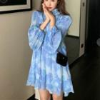 Balloon-sleeve Mini A-line Chiffon Dress Blue - One Size