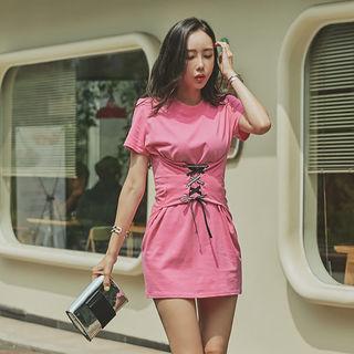 Lettering Lace-up Waist Mini Bodycon Dress
