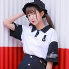 Elbow-sleeve Color Block Polo Shirt / Mini Buttoned A-line Skirt