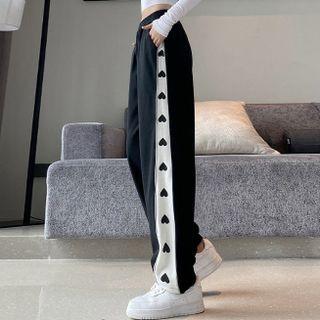 Heart Print Panel Zip-side Sweatpants