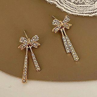 Rhinestone Bow Drop Sterling Silver Ear Stud / Clip-on Earring