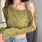 Cold-shoulder Printed Chained Crop T-shirt Green - One Size