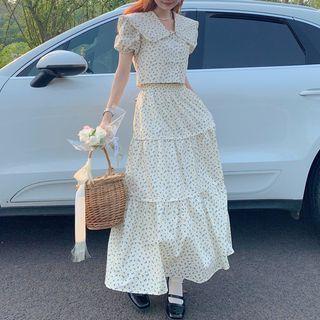 Puff-sleeve Peter Pan Collar Floral Shirt / High-waist Floral A-line Midi Skirt