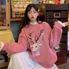 Deer Embroidered Frill Trim Sweatshirt