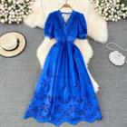Short Sleeve V-neck Embroidered A-line Maxi Dress
