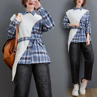 Plaid Tie-waist Shirt With Asymmetric Knit Shawl As Shown In Figure - One Size