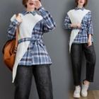 Plaid Tie-waist Shirt With Asymmetric Knit Shawl As Shown In Figure - One Size