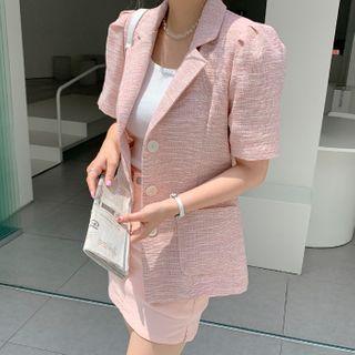 Puff-shoulder Tweed Blazer