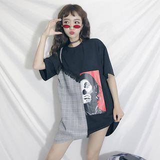 Mock Two-piece Elbow-sleeve Plaid Panel Oversized T-shirt