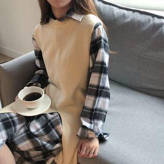 Plaid Long-sleeve Loose-fit Shirtdress As Figure - One Size