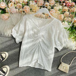 Short-sleeve Ruched Eyelet Blouse