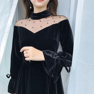 Mesh Yoke Long-sleeve A-line Velvet Dress