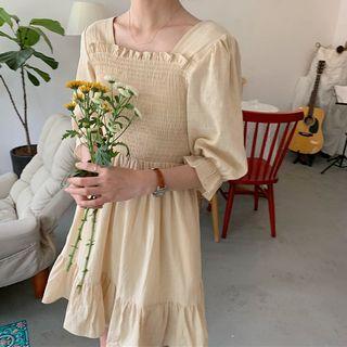 3/4-sleeve Frill Trim Crinkled A-line Mini Dress