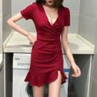 Short-sleeve V-neck Ruffled Dress