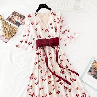 Tie-waist Floral Chiffon Maxi A-line Dress