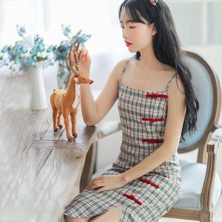 Plaid Frog Button Accent Sleeveless Dress