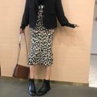 Leopard Print Knit Midi Pencil Skirt Leopard - Almond & Black - One Size