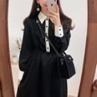 Color-block Lapel Long-sleeve Retro Dress Black - One Size