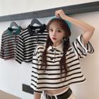 Elbow-sleeve Striped Collared Cropped T-shirt