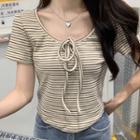 Short-sleeve Round-neck Striped Lace-up T-shirt Almond - One Size