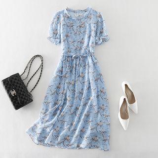 Short-sleeve Floral Print Chiffon Midi A-line Dress