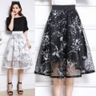 Sheer Panel Floral A-line Midi Skirt
