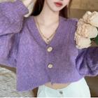 Cropped Cable Knit Cardigan Purple - One Size