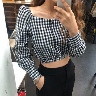 Plaid Crop Blouse Plaid - Black & White - One Size