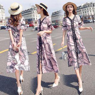 Lace Trim V-neck Bell Sleeve A-line Dress