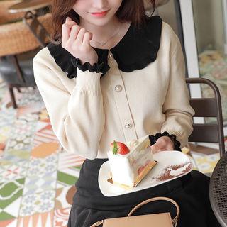 Contrast-collar Frill-edge Cardigan